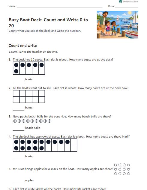 Busy Boat Dock: Count and Write 0 to 20 worksheet preview