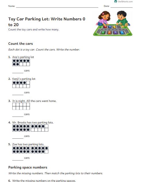 Toy Car Parking Lot: Write Numbers 0 to 20 worksheet preview