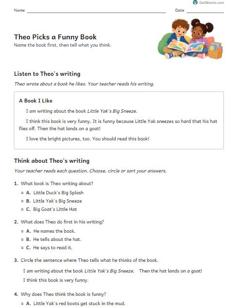 Theo Picks a Funny Book worksheet preview